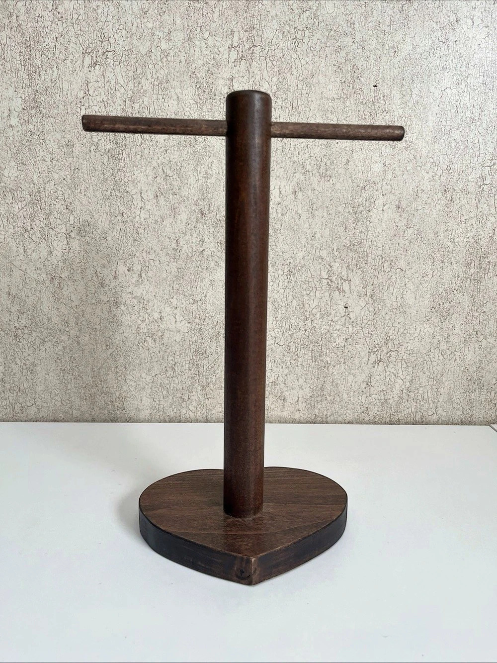 Vintage MCM Chic Wooden T Jewelry Necklace Holder with Heart Base 12” Dark Wood